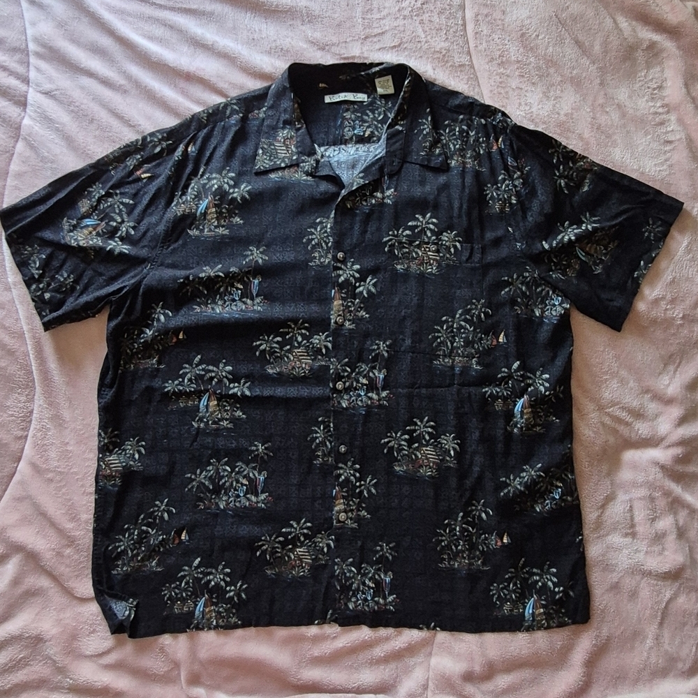 Men's Black Tropical Print Short-Sleeve Button-Down Shirt